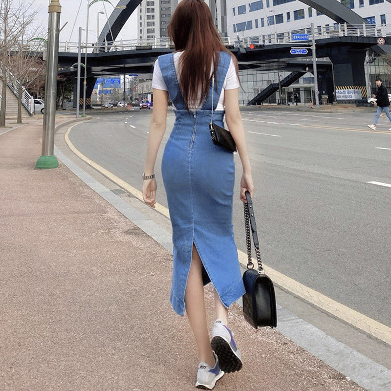 Quintessential Cutie Denim High-Waist Suspender Skirt