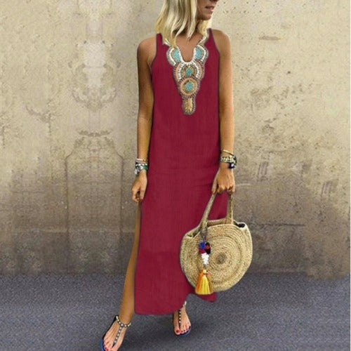 Wanderlust Sleeveless Cotton V-Neck Side Slit Dress
