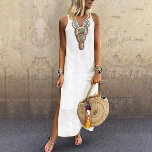 Wanderlust Sleeveless Cotton V-Neck Side Slit Dress