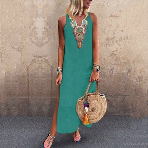Wanderlust Sleeveless Cotton V-Neck Side Slit Dress