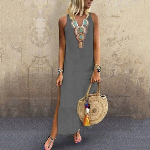 Wanderlust Sleeveless Cotton V-Neck Side Slit Dress