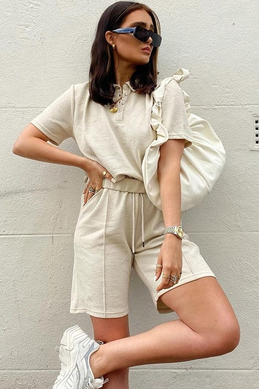 American Retro Apricot Collar T-shirt Summer Shorts Set