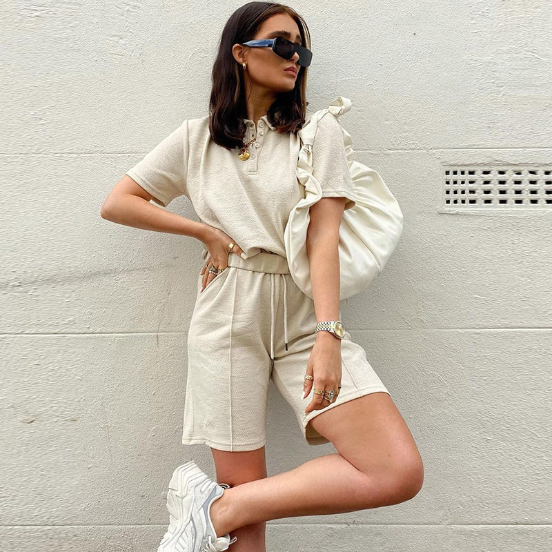 American Retro Apricot Collar T-shirt Summer Shorts Set