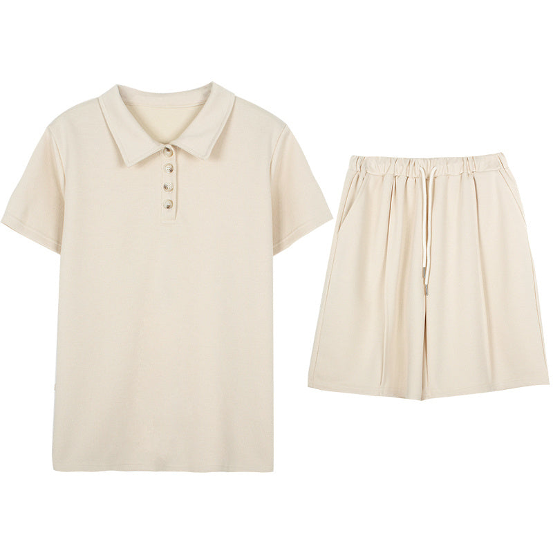 American Retro Apricot Collar T-shirt Summer Shorts Set