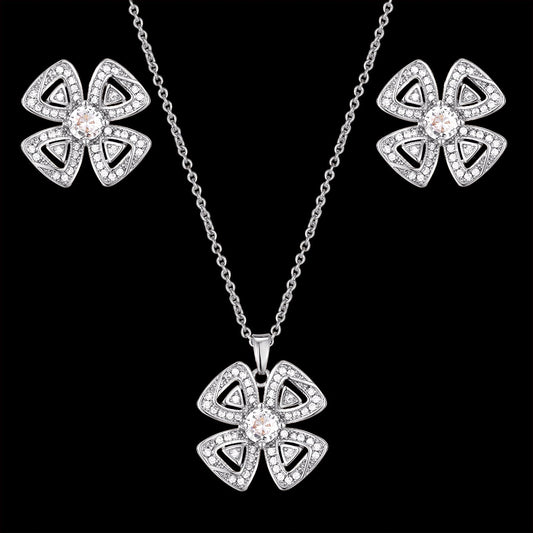 Modern 4 Leaf Clover Flower Earrings Jewelry Set- Earrings & Pendant