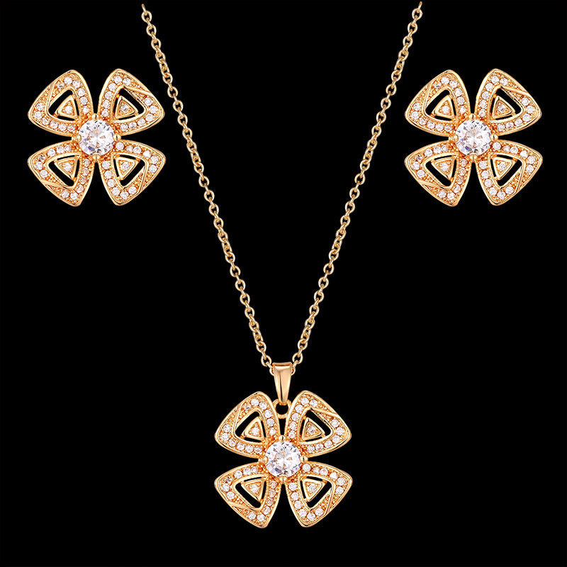 Modern 4 Leaf Clover Flower Earrings Jewelry Set- Earrings & Pendant