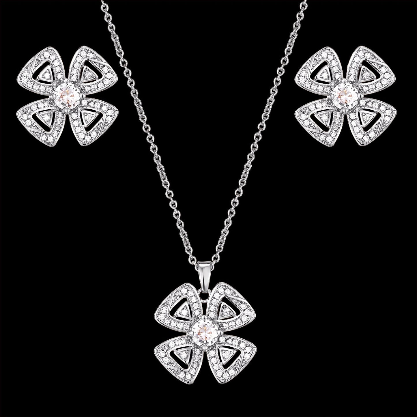 Modern 4 Leaf Clover Flower Earrings Jewelry Set- Earrings & Pendant