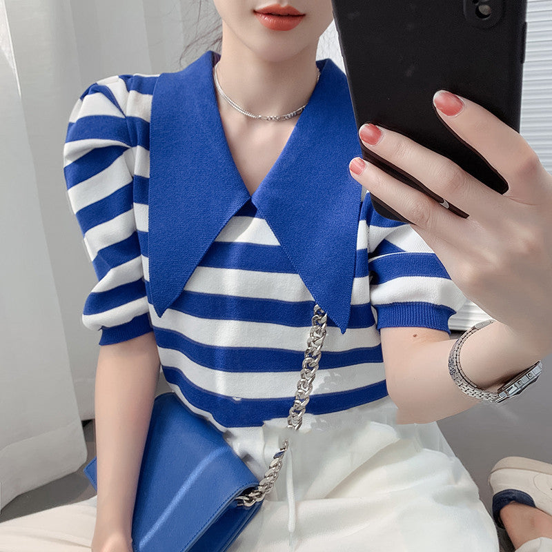 Retro Sailor Stripe Design Top with  White Color