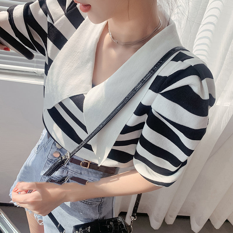 Retro Sailor Stripe Design Top with  White Color