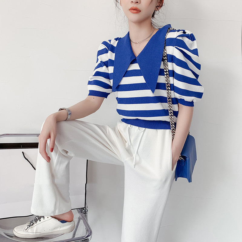 Retro Sailor Stripe Design Top with  White Color