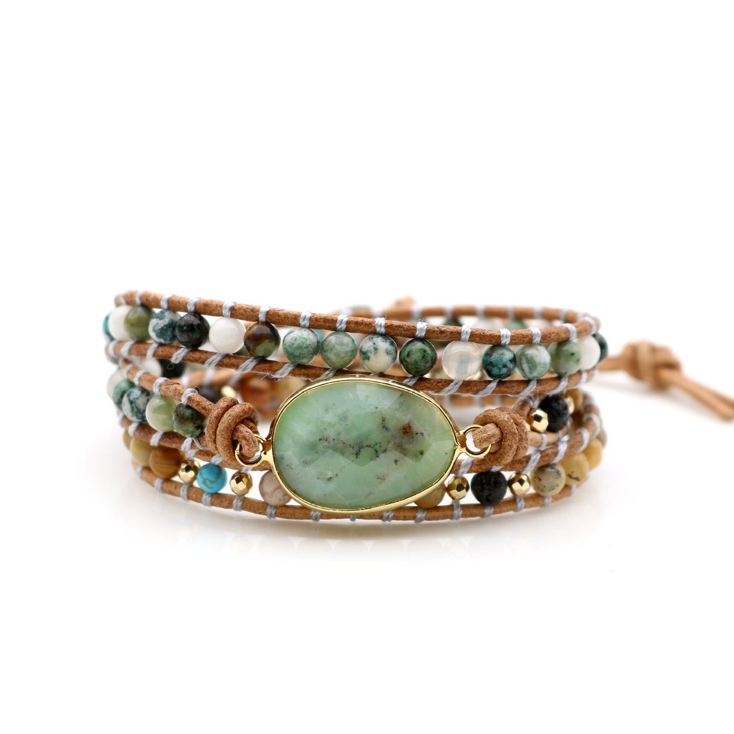 Three-Layer Handmade Natural Style Stone Beaded Bracelet with Adjustable Leather Cord.