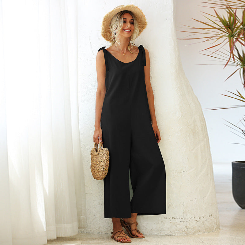 Tied Wide Loose Straight Straight Leg One Piece Jumpsuit