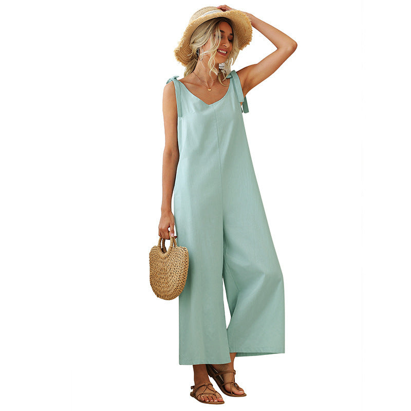 Tied Wide Loose Straight Straight Leg One Piece Jumpsuit
