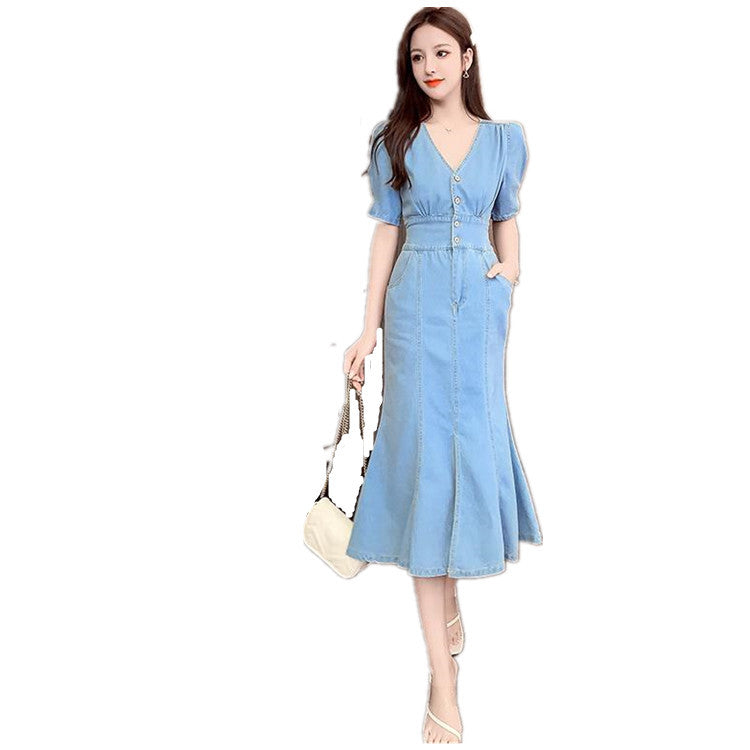 Trendy Style V-Neck High Waist Denim Dress