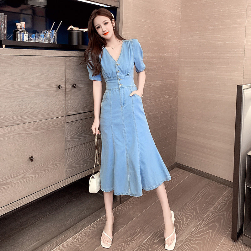 Trendy Style V-Neck High Waist Denim Dress