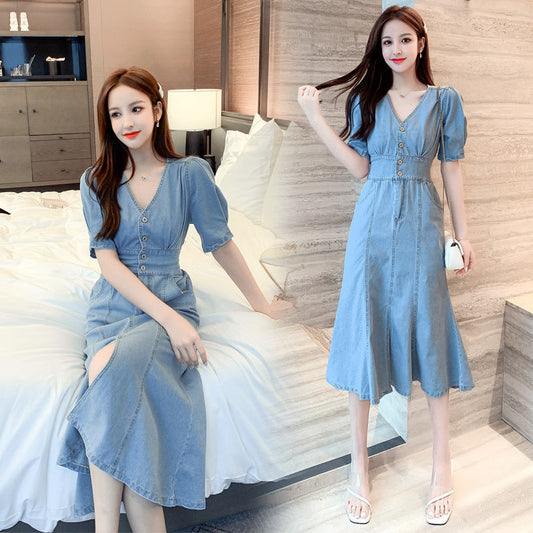 Trendy Style V-Neck High Waist Denim Dress