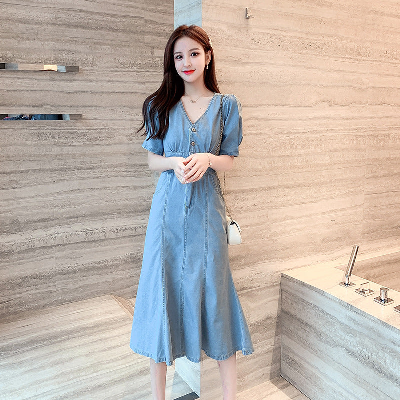 Trendy Style V-Neck High Waist Denim Dress