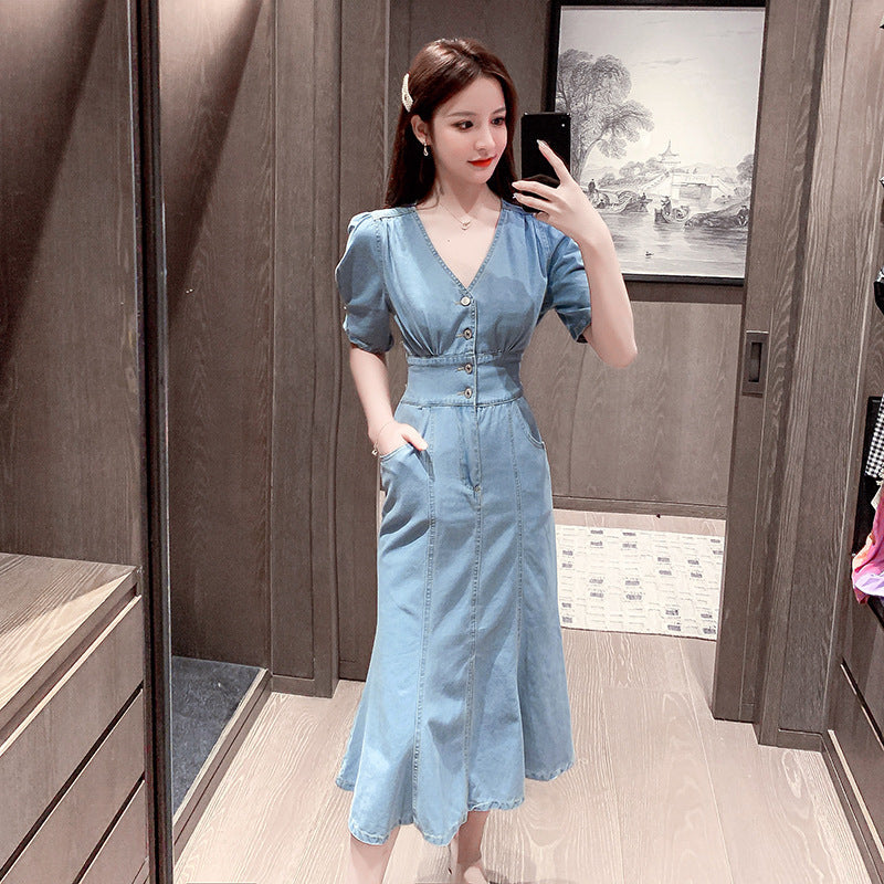 Trendy Style V-Neck High Waist Denim Dress
