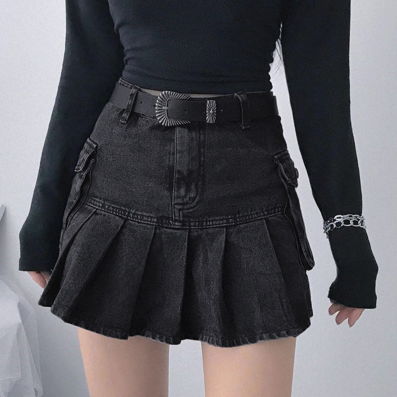 In Your Dreams Denim Pleated Skirt High Waist Skirt