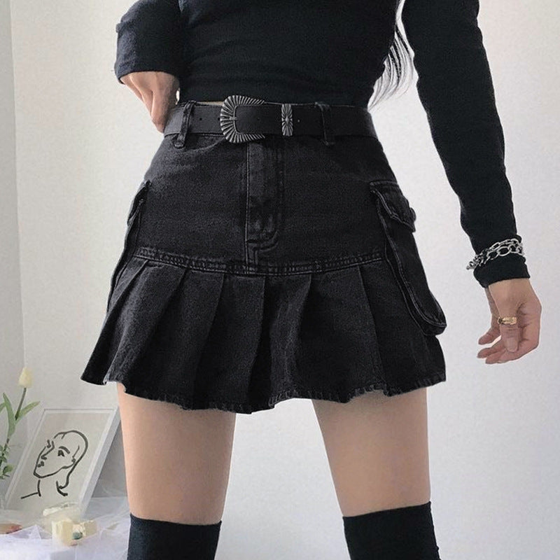 In Your Dreams Denim Pleated Skirt High Waist Skirt