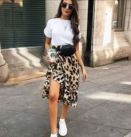 Lotus Leaf Asymmetrical Hem Animal Print Midi Skirt