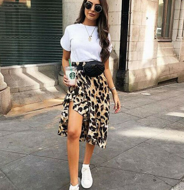 Lotus Leaf Asymmetrical Hem Animal Print Midi Skirt