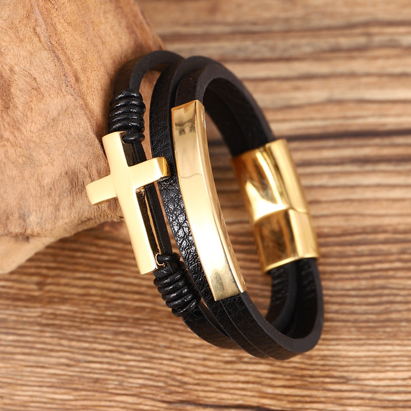 Cross Gold Multi-layer Woven Leather Single Loop Bracelet Band.