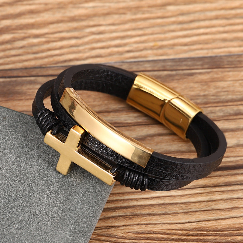Cross Gold Multi-layer Woven Leather Single Loop Bracelet Band.