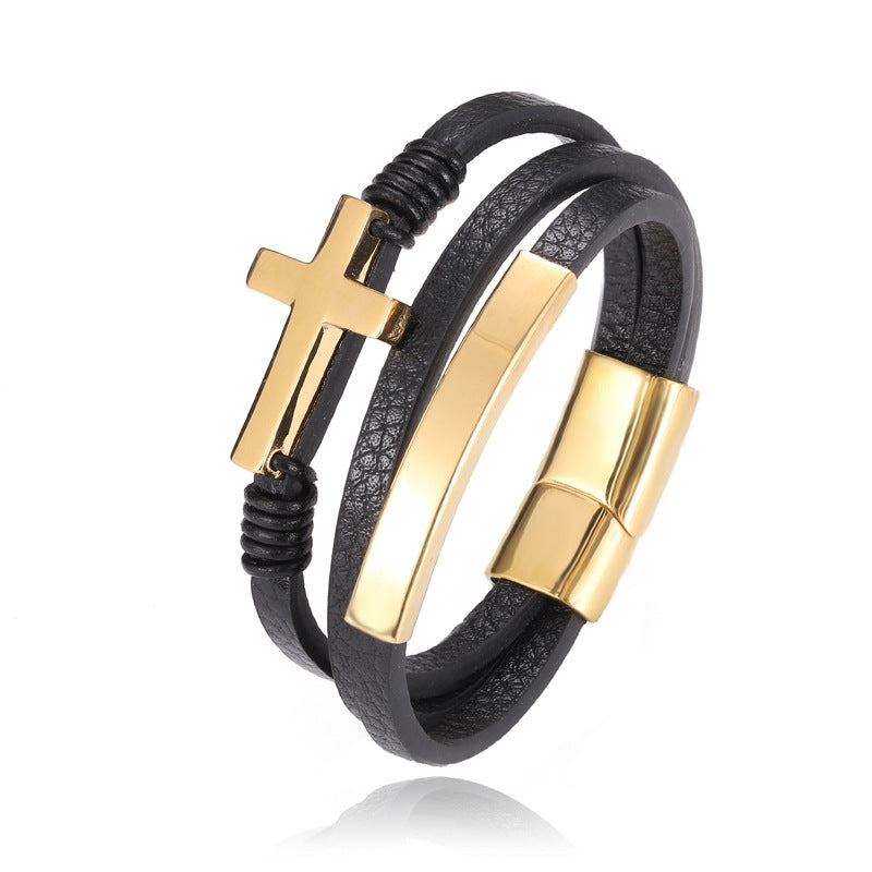 Cross Gold Multi-layer Woven Leather Single Loop Bracelet Band.