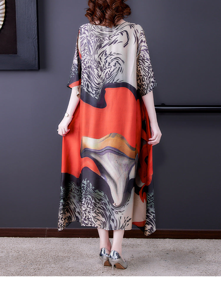 Silk Plus Size Short Sleeves Printed Dress