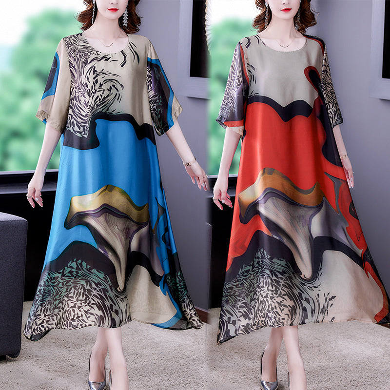 Silk Plus Size Short Sleeves Printed Dress