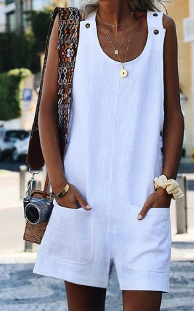 Solid Color Cotton Linen Suspenders Jumpsuit