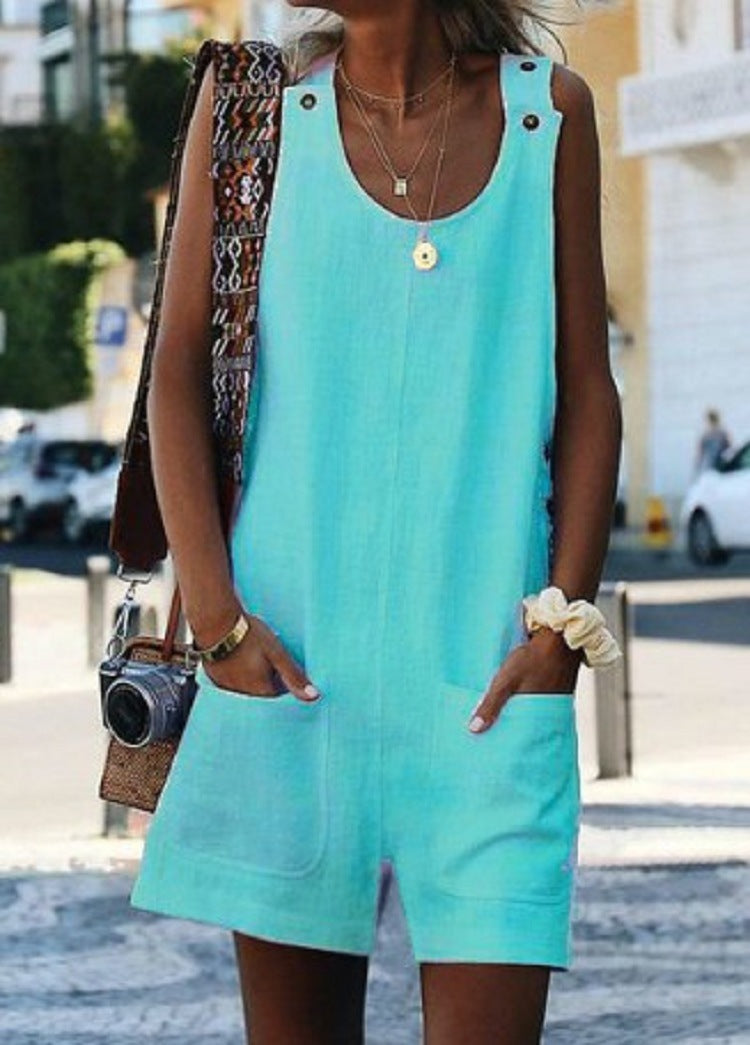 Solid Color Cotton Linen Suspenders Jumpsuit