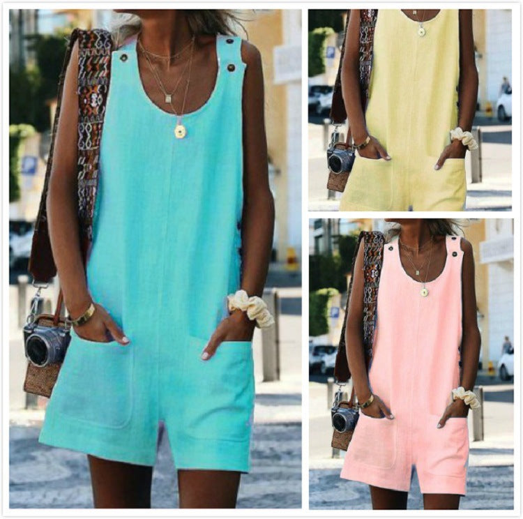 Solid Color Cotton Linen Suspenders Jumpsuit