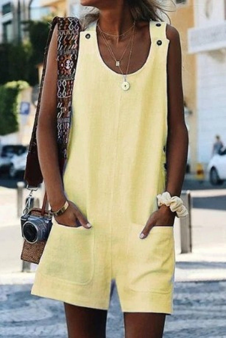 Solid Color Cotton Linen Suspenders Jumpsuit