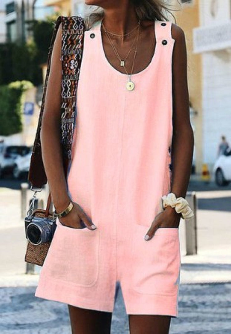 Solid Color Cotton Linen Suspenders Jumpsuit