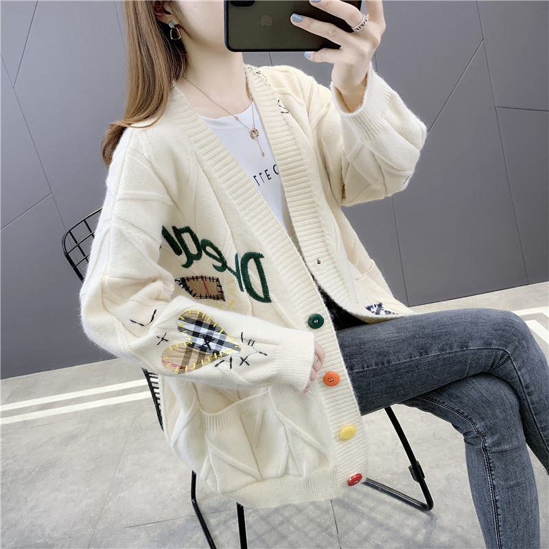 Cute Comfort Embroidered Patch Work Oversized Cardigan
