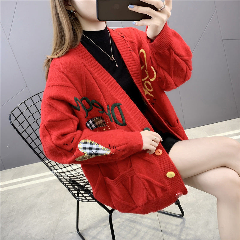 Cute Comfort Embroidered Patch Work Oversized Cardigan