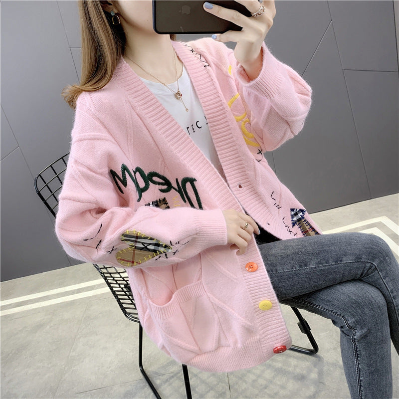 Cute Comfort Embroidered Patch Work Oversized Cardigan