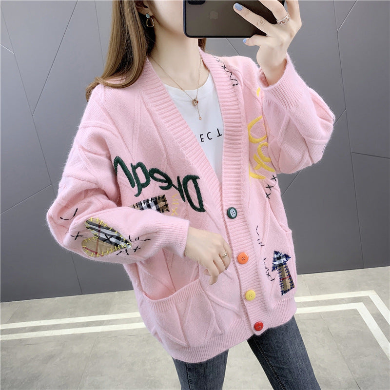 Cute Comfort Embroidered Patch Work Oversized Cardigan