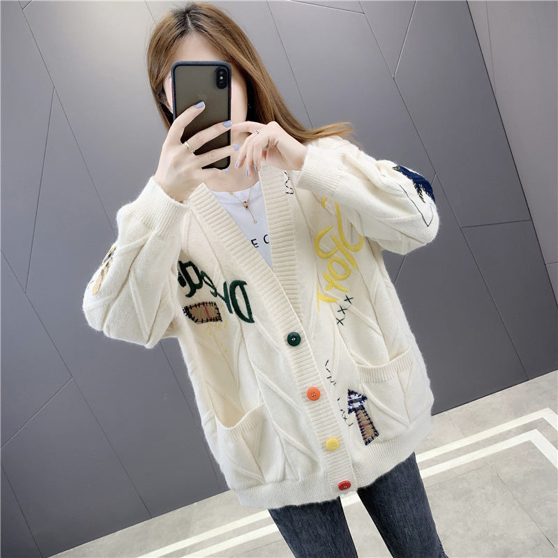 Cute Comfort Embroidered Patch Work Oversized Cardigan