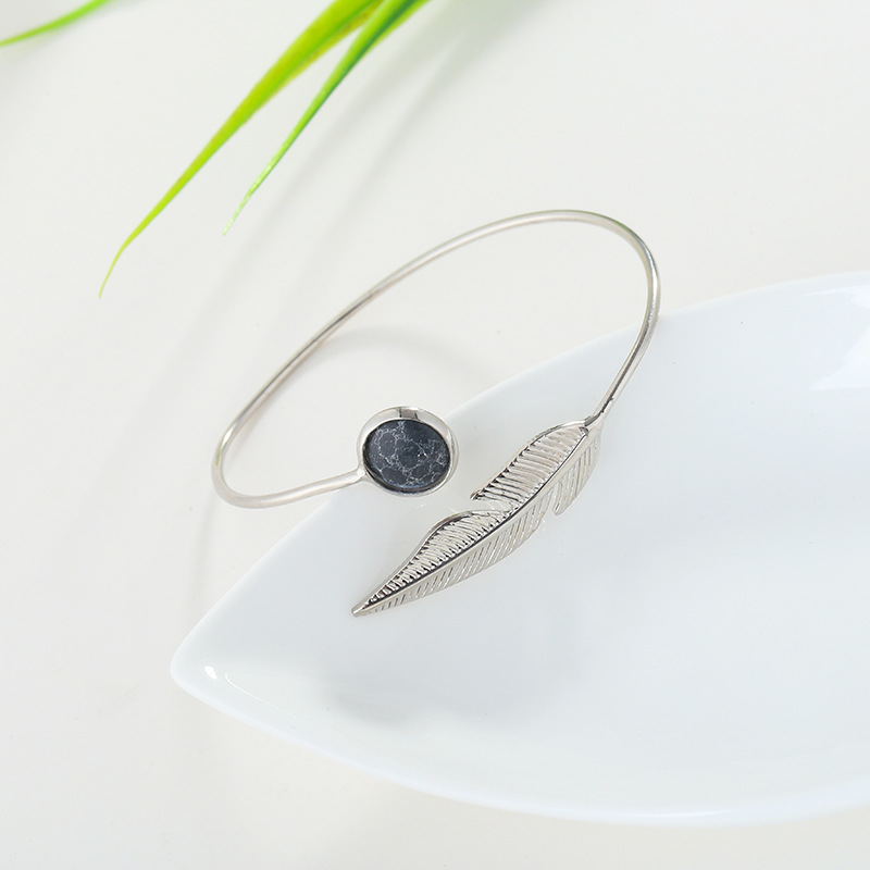 Retro Natural Stone & Feather Silver or Gold Adjustable Bracelet.