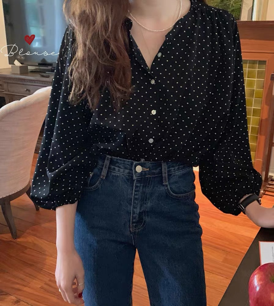 Retro Glamour Dot Pattern Puff Sleeves Shirt