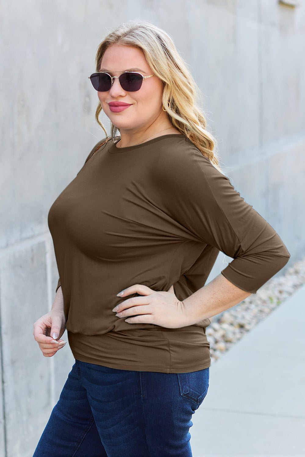 NuMi Basic Bae Full Size Round Neck Blouse & Batwing Sleeve