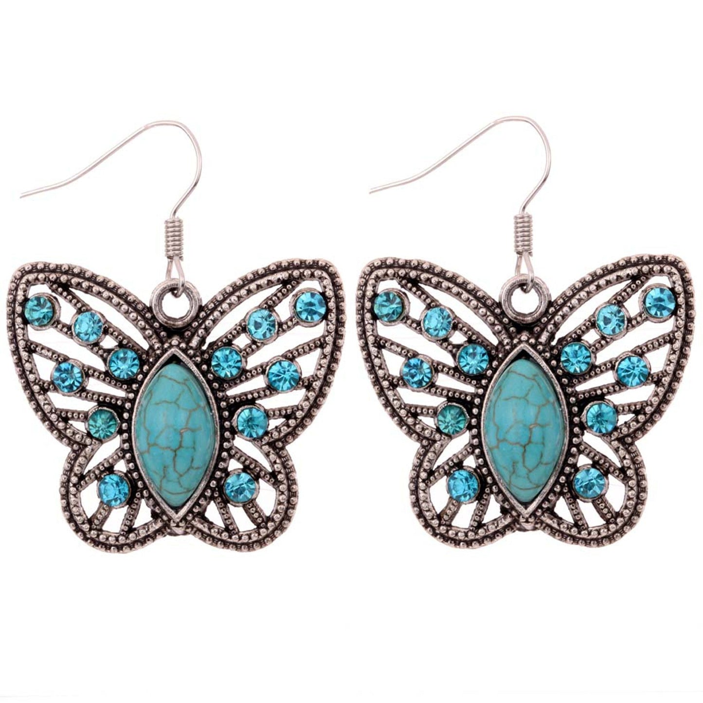 Boho Turquois Crystal Butterfly Necklace and Earrings Set