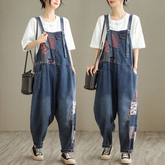 Print Spliced Nine Split Denim Strappy Overalls