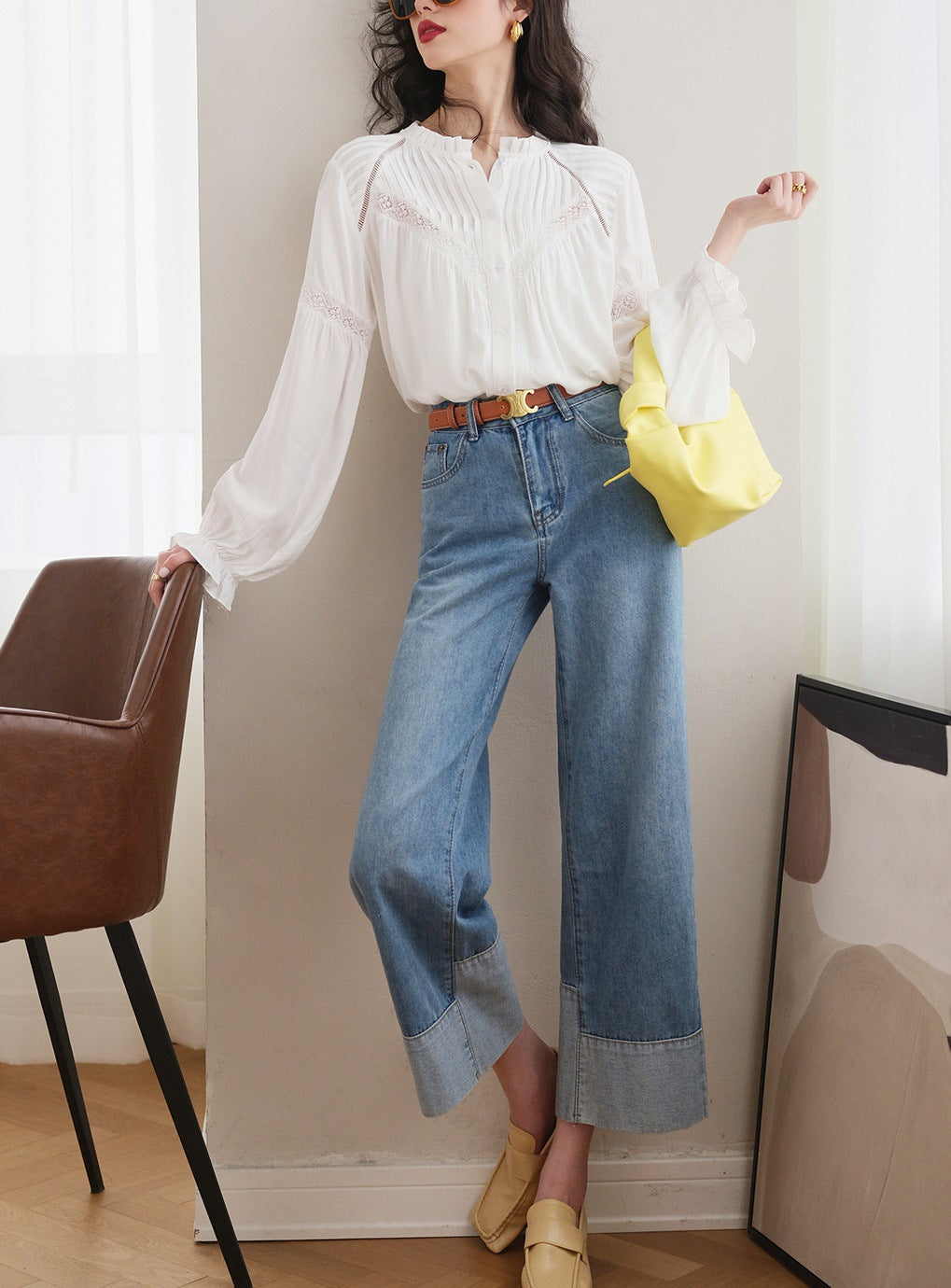 Early Spring Lace Stitching French Shirt