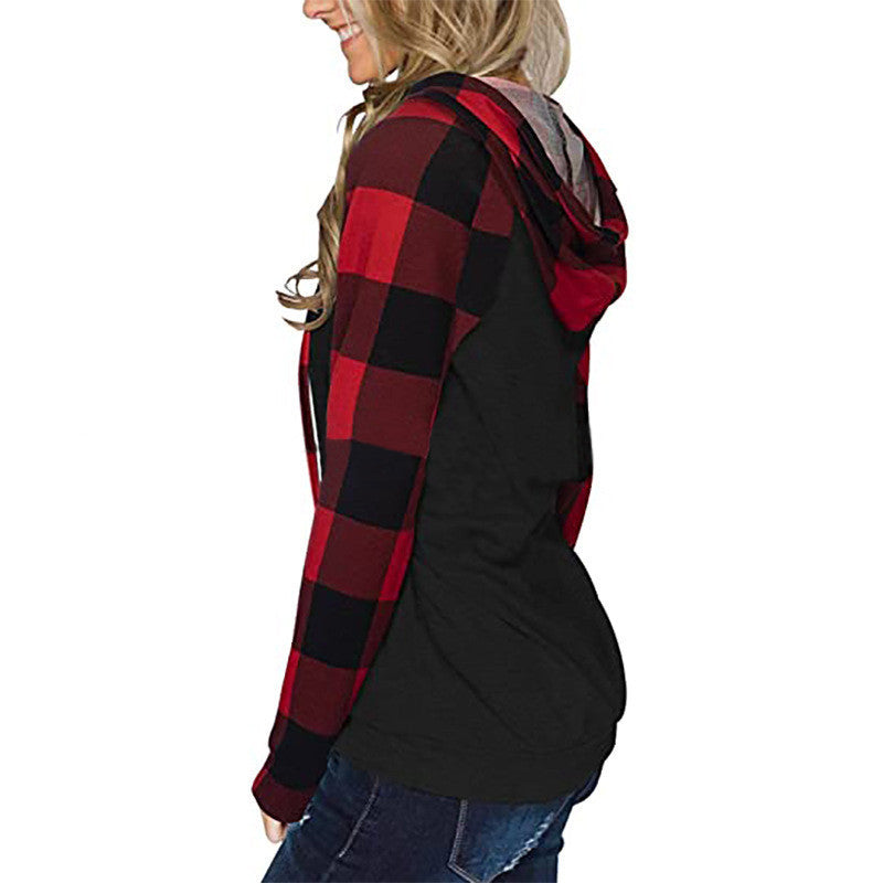 Plaid Hooded  Long-sleeved Color Matching  Hoodie Top