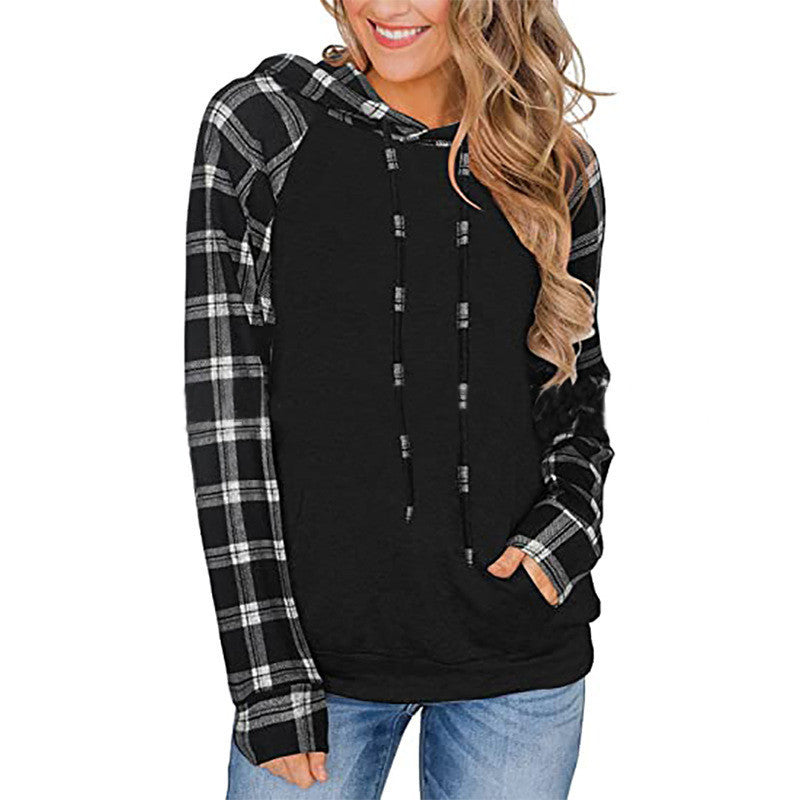 Plaid Hooded  Long-sleeved Color Matching  Hoodie Top