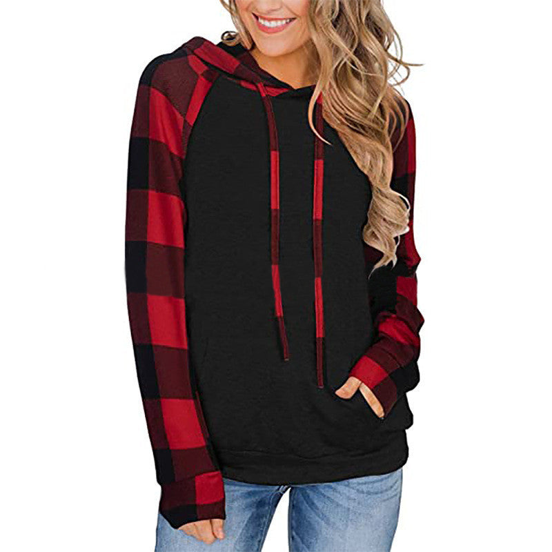 Plaid Hooded  Long-sleeved Color Matching  Hoodie Top